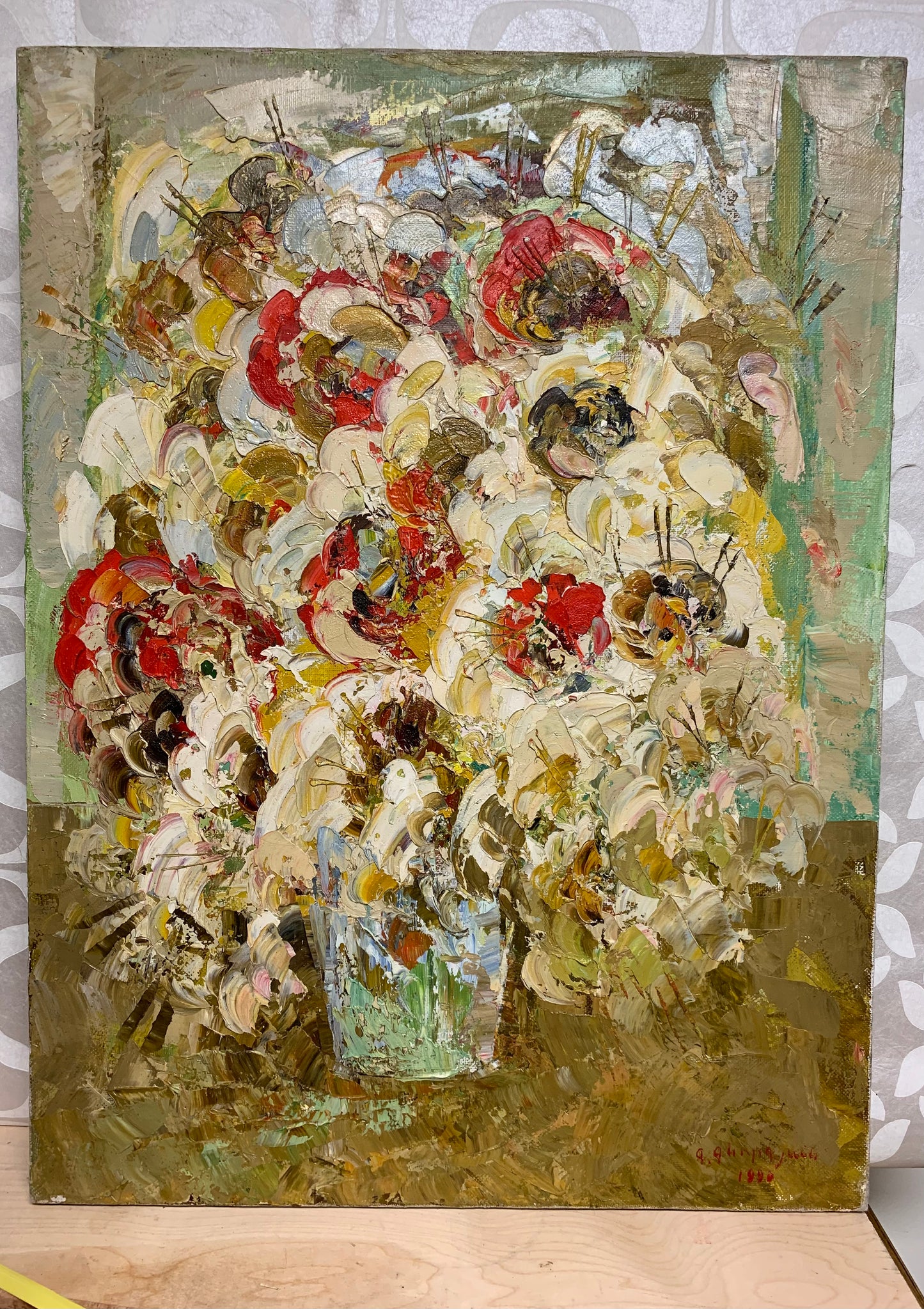 Art  Work European Estate Floral Canvas Wrapped Painting. Heavy Thick Impasto Paint. Artist Signed