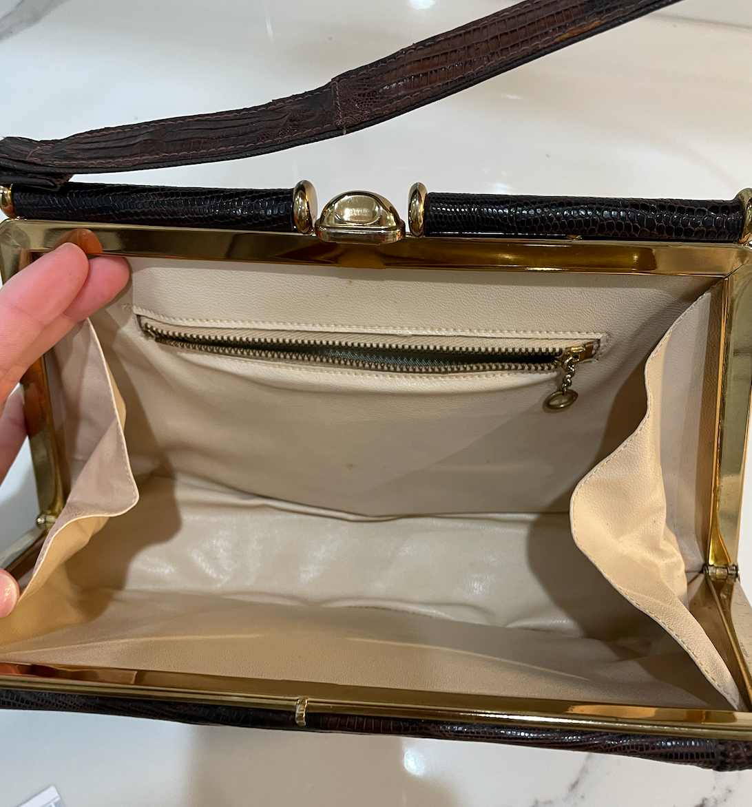 Gifting Vintage Lizard Brown Skin Handbag Framed Purse
