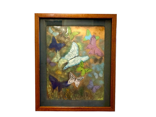 Vintage Enamel on Copper Framed Butterfly Art