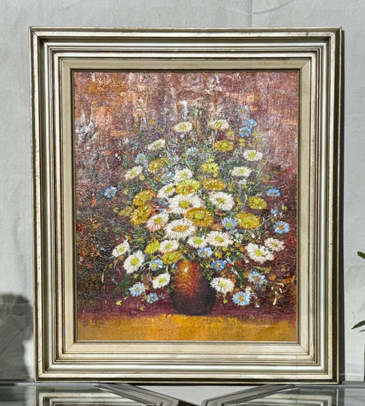 Vintage Artwork Floral Painting on Canvas Signed Emil