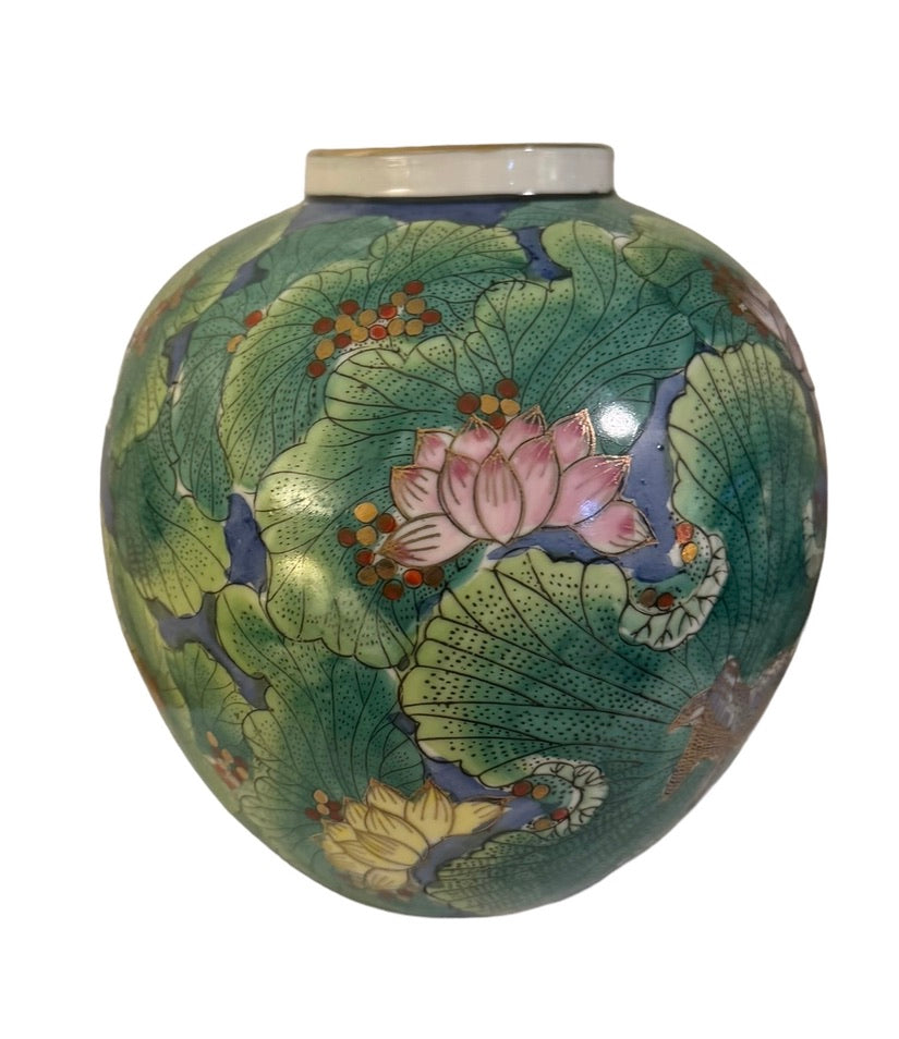 Vintage Green Lotus Leaves and Flowers Porcelain Jar/Vase