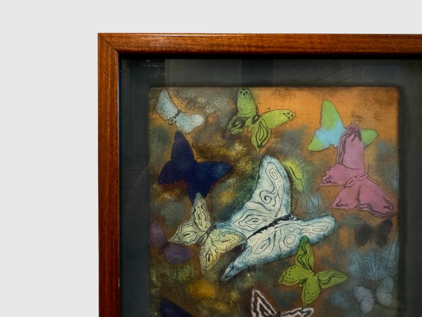 Vintage Enamel on Copper Framed Butterfly Art