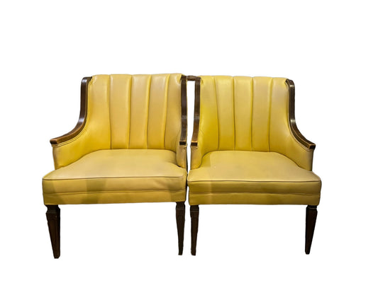 Vintage Channel Back Yellow Faux Leather Upholstery Chair Pair