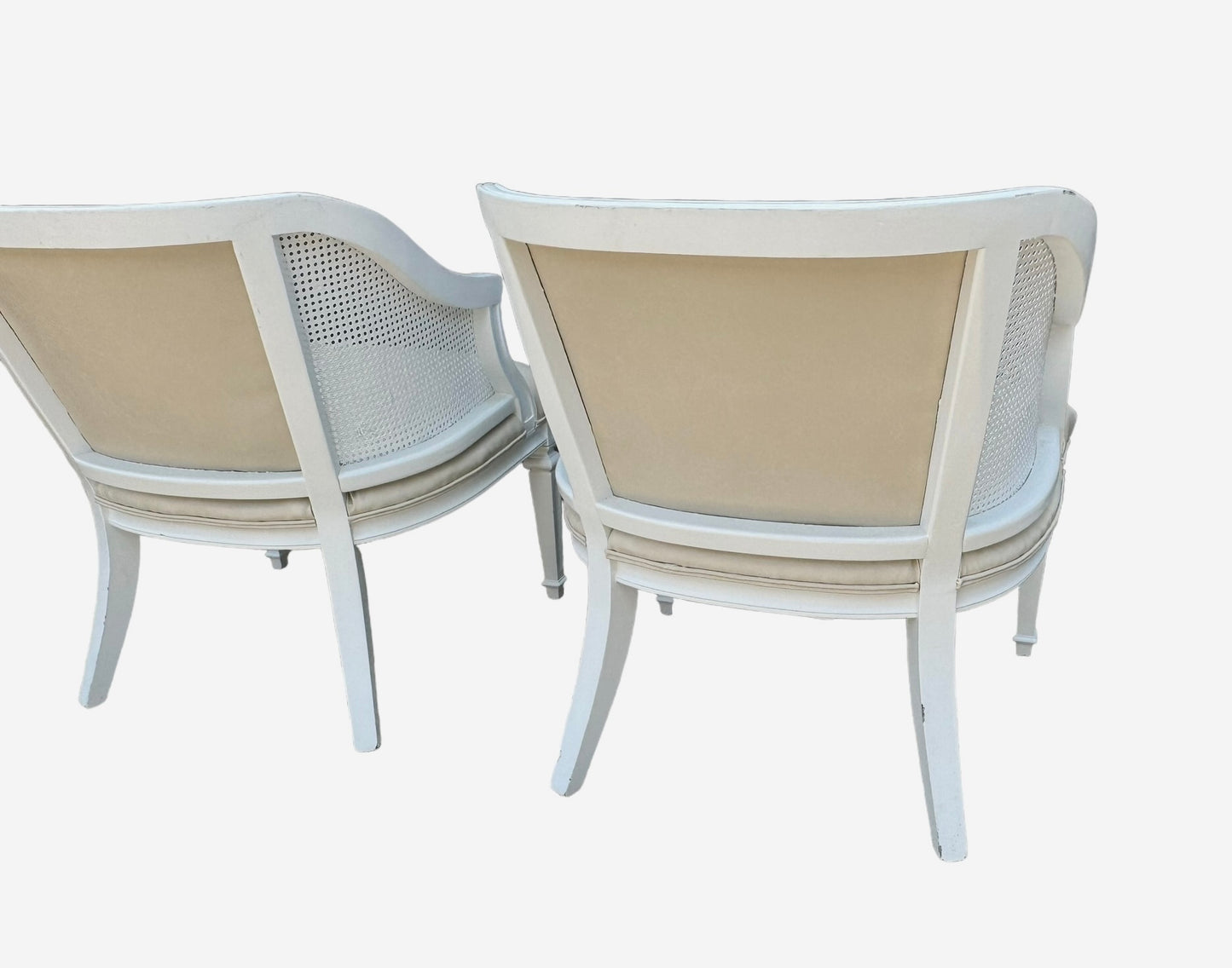 Vintage White Barrel Back and Cane Upholstered Chair Pair