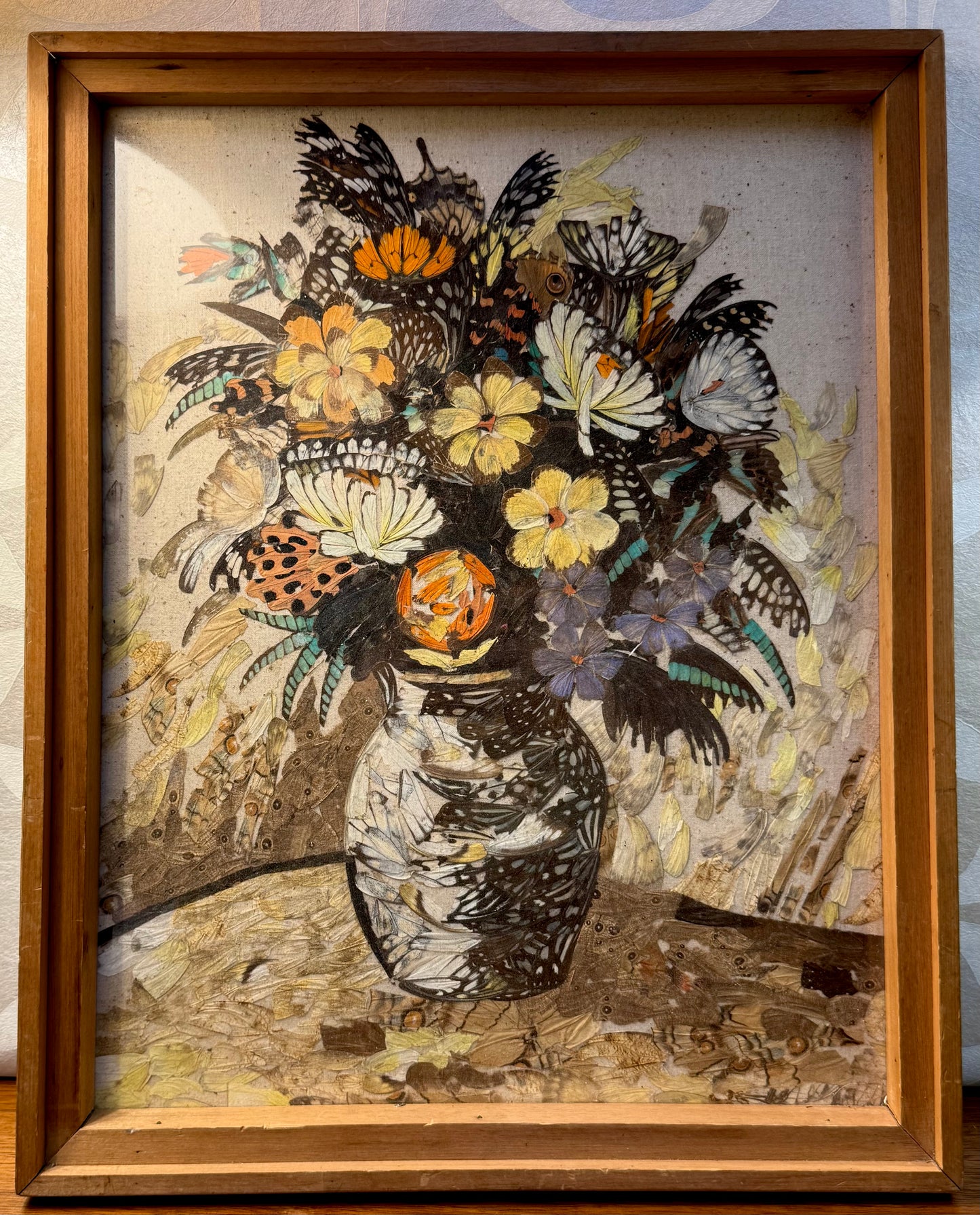 Art Work Vintage Framed Butterfly Wings Flowers in a Vase Still-Life