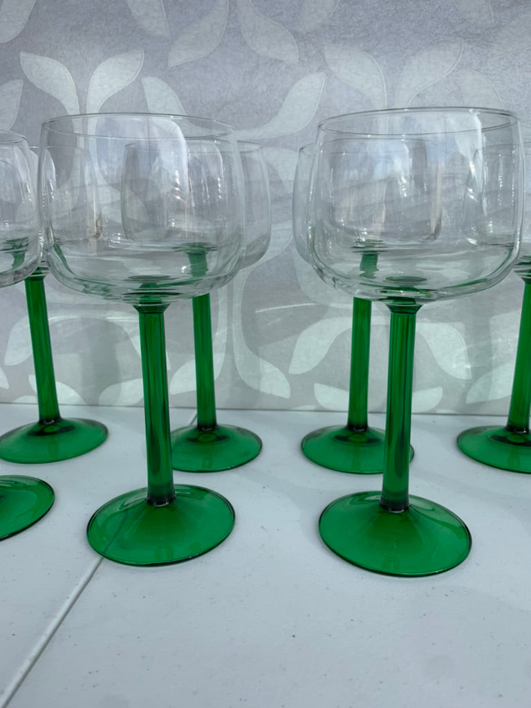 Table Top Vintage Barware Luminarc Crystal D'Arques Durand Glassware, France, Emerald Hock Wine Glasses Set of 9