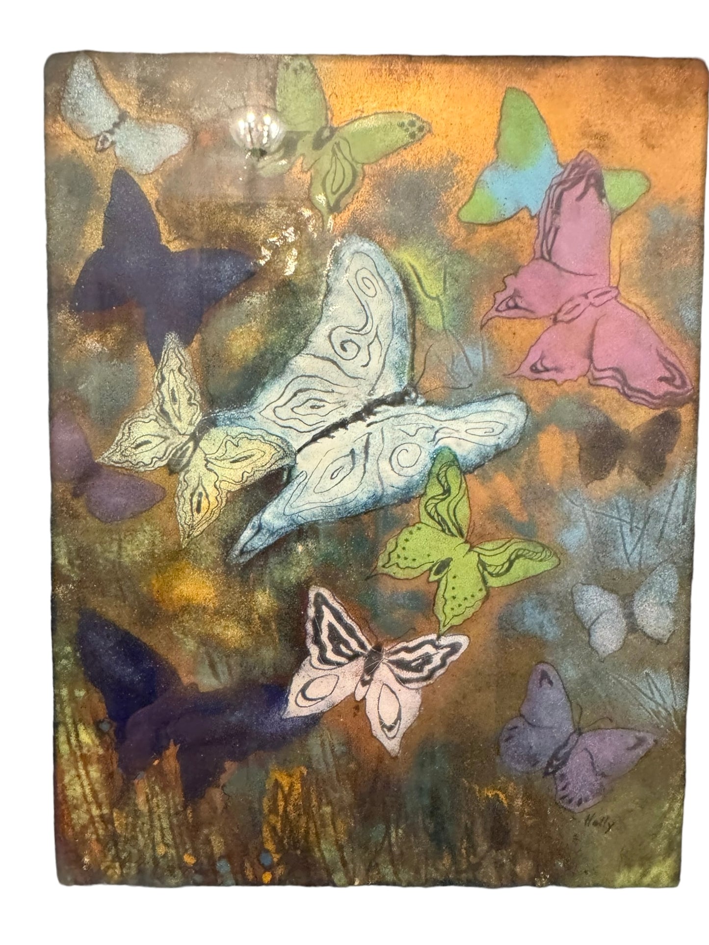 Vintage Enamel on Copper Framed Butterfly Art