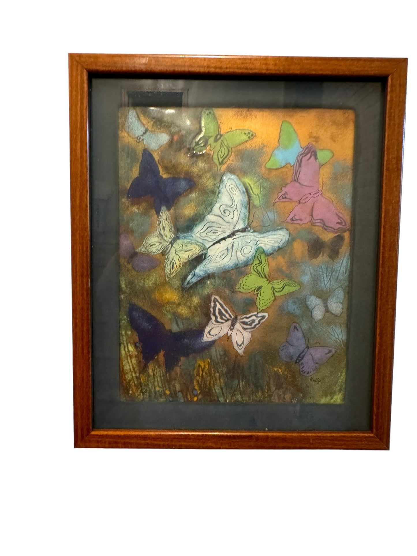 Vintage Enamel on Copper Framed Butterfly Art