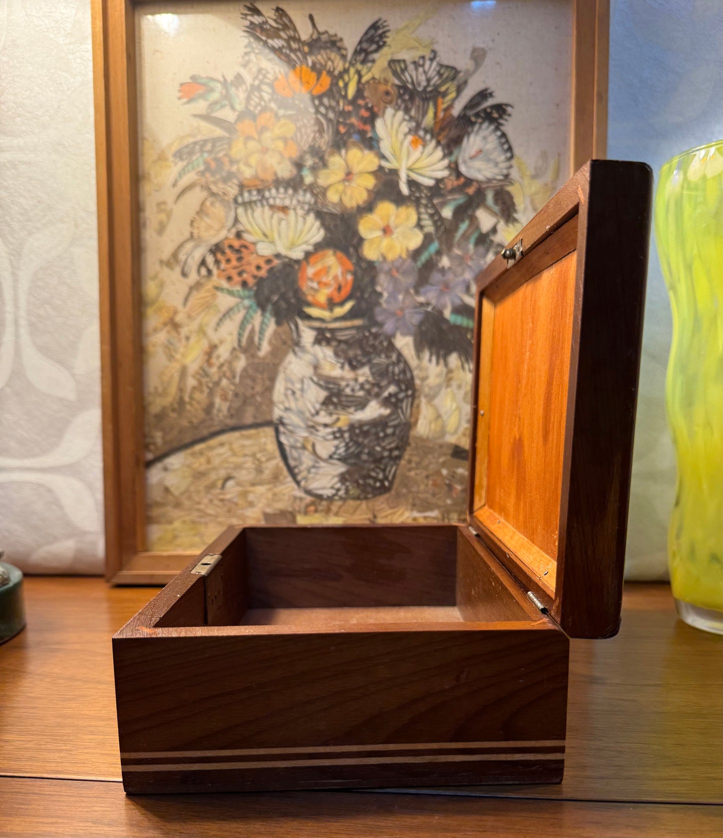Vintage Wood Box with Butterfly Wing Still-Life Collage under glass