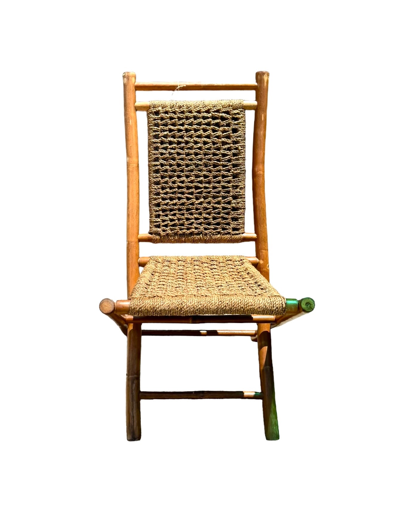 Vintage Bamboo Wood and Cord Woven Rope Seat Folding Chairs and Matching Table. 1960s
