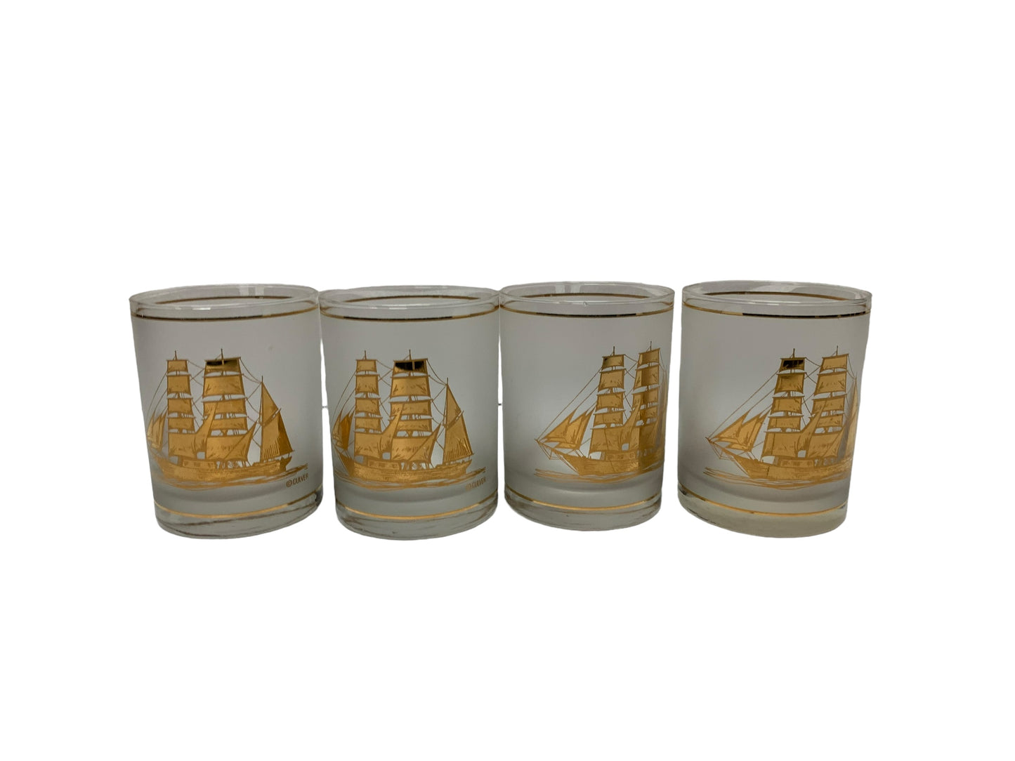 Vintage Culver 22K Gold Clipper Ship Encrusted on Frost Glass Old Fashioned Glasses (Set of 4) & Matching Cocktail Jigger