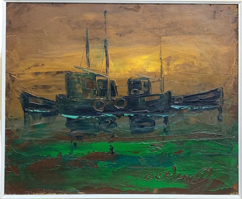 Art Work Vintage Framed Boat Painting Artist Signed