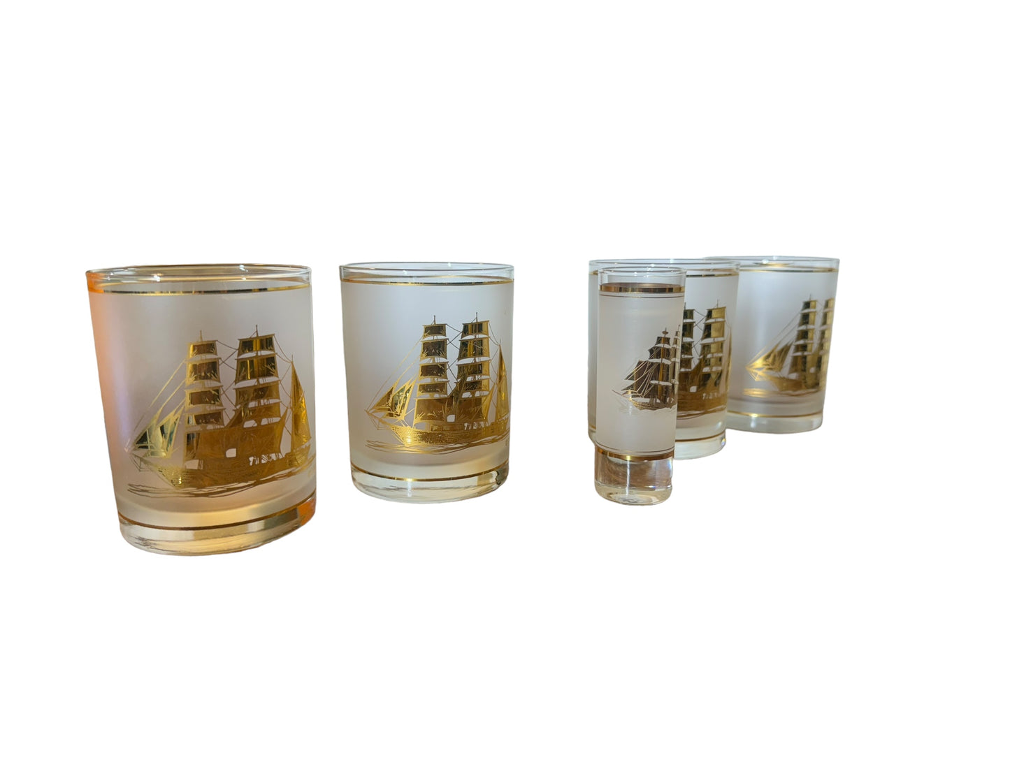 Vintage Culver 22K Gold Clipper Ship Encrusted on Frost Glass Old Fashioned Glasses (Set of 4) & Matching Cocktail Jigger
