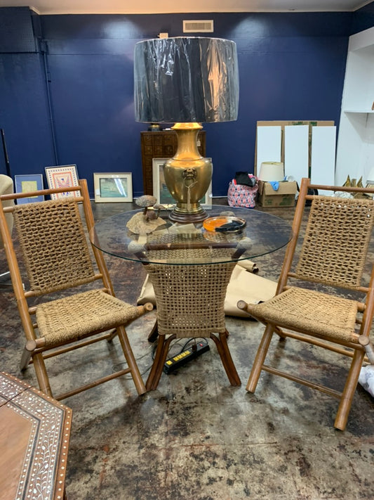 Vintage Bamboo Wood and Cord Woven Rope Seat Folding Chairs and Matching Table. 1960s