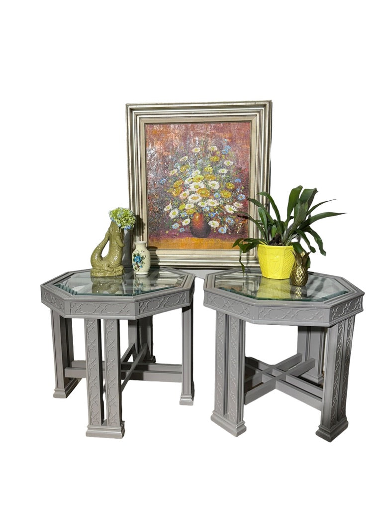 Vintage Fretwork Octagon Grey Painted Accent Table Pair