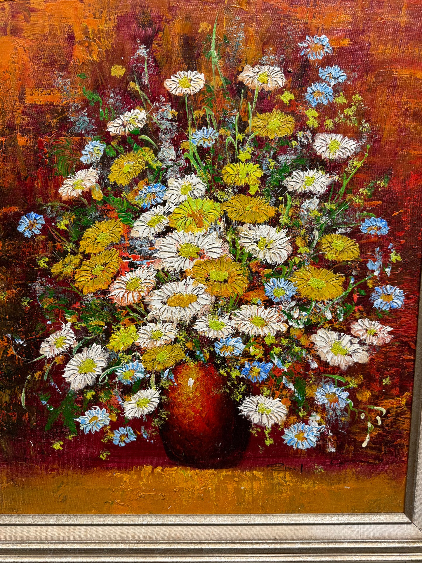 Vintage Artwork Floral Painting on Canvas Signed Emil