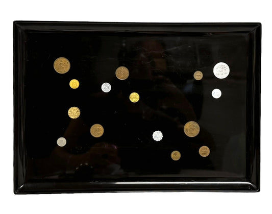 Monterey Couroc Foreign Coins inlaid in Black Resin Tray