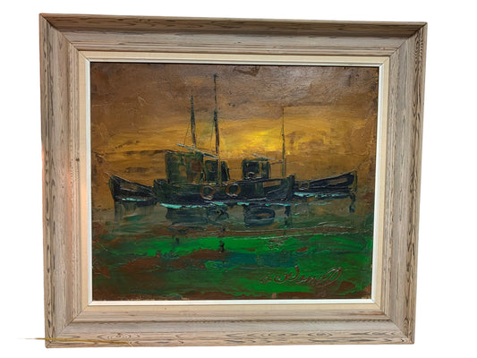 Art Vintage Boats Painting Artist Signed