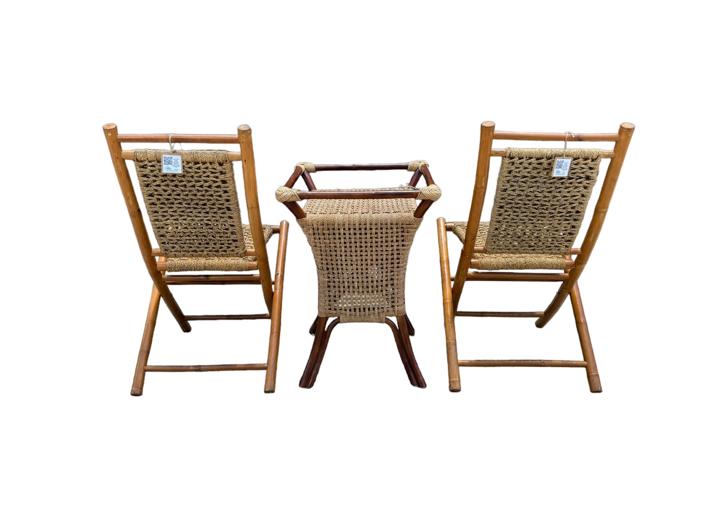 Vintage Bamboo Wood and Cord Woven Rope Seat Folding Chairs and Matching Table. 1960s