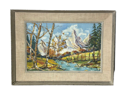 Vintage Artwork Aspens in Mountain Landscape Painting on Board