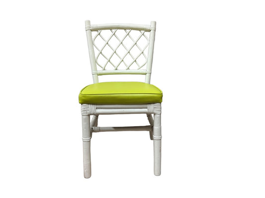 Vintage White Bamboo Chair with Green Upholstered Vinyl Seat