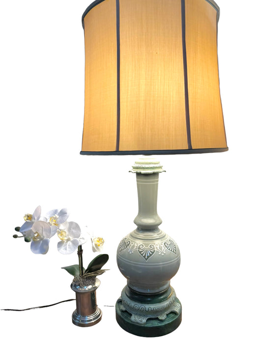 Vintage Ceramic Green Tones Design Lamp with Custom Made Lamp Shade