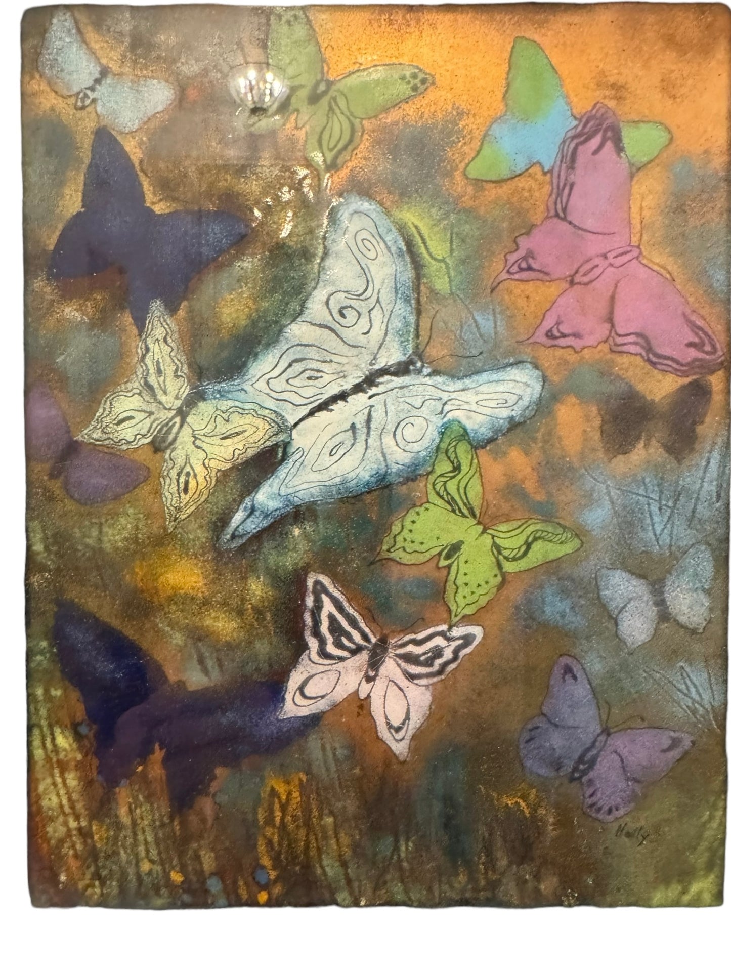 Vintage Enamel on Copper Framed Butterfly Art