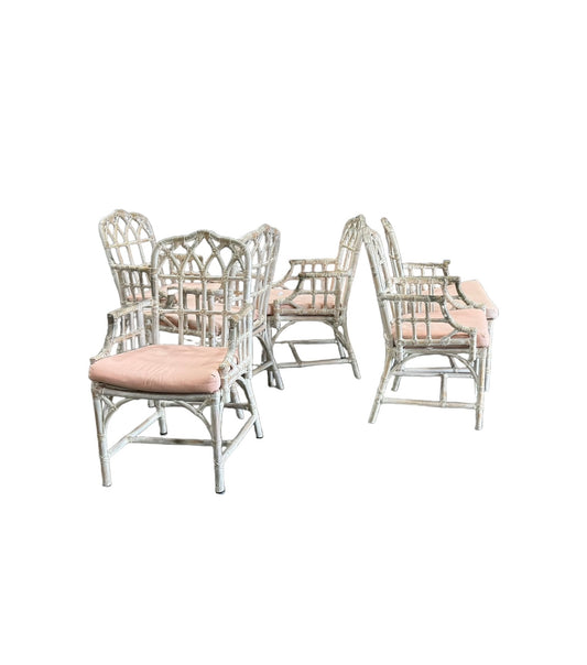 Vintage McGuire Cathedral Back Rattan Design Arm Chairs Set of 6