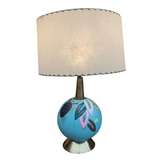 Atomic Ranch Hand painted Turquoise Glass Ball with Fiberglass Tooled Lamp Shade