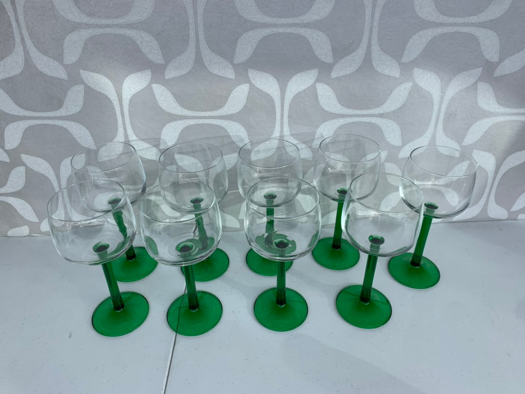 Vintage Barware Luminarc Crystal D'Arques Durand Glassware, France, Emerald Hock Wine Glasses Set of 9