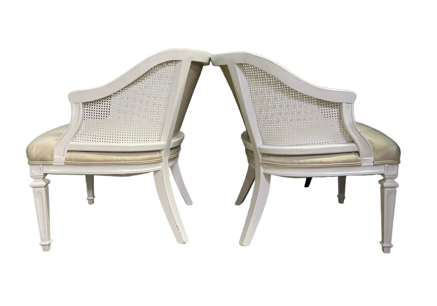Vintage White Barrel Back and Cane Upholstered Chair Pair