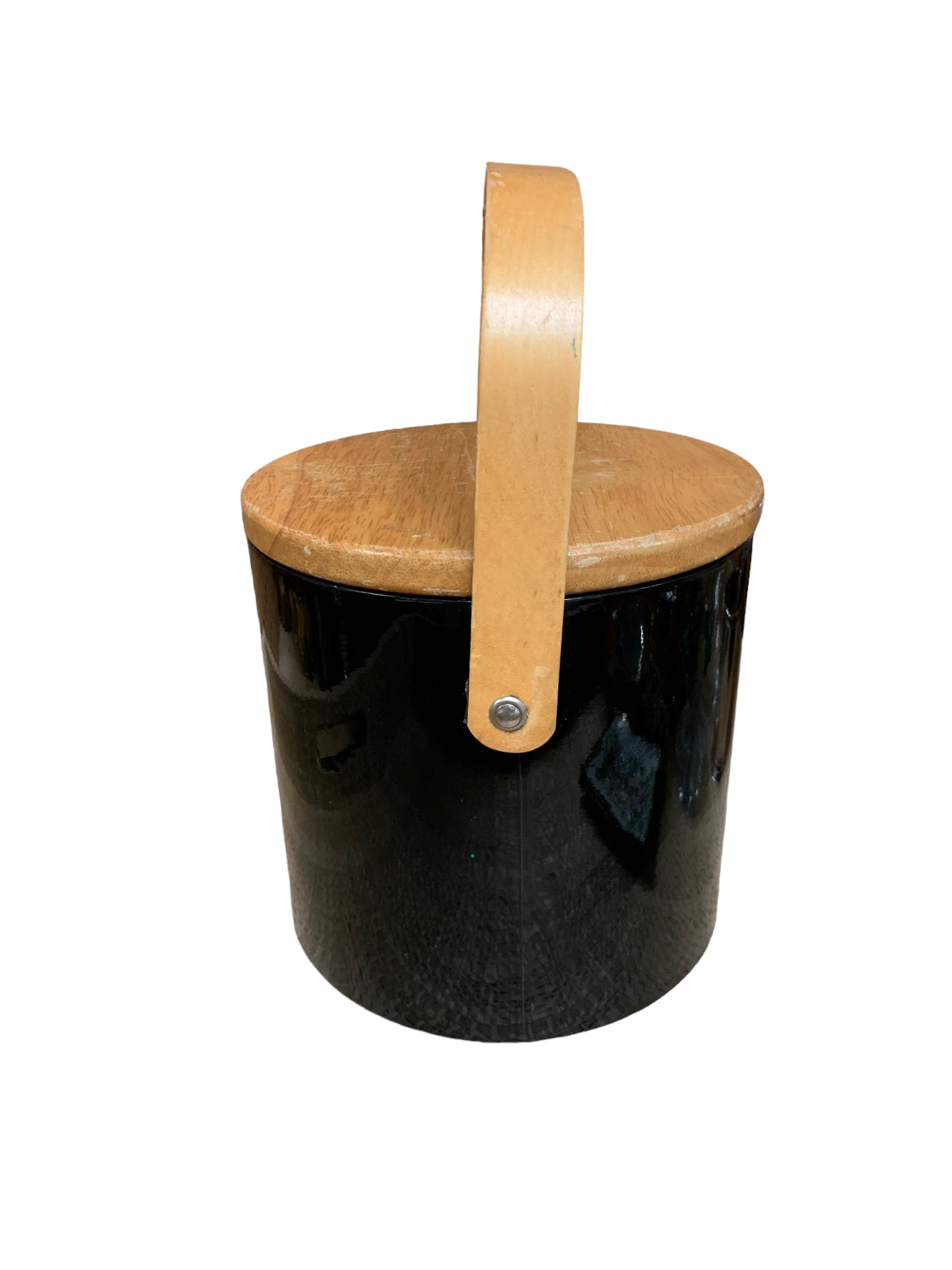Table Top Vintage Georges Briard Ice Bucket Black Paten Vinyl, Butcher Block Lid & Handle