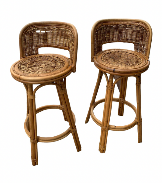 Vintage Woven Ratan, Wicker, and Bamboo Barstools Set of 2