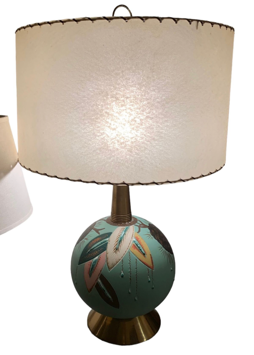 Lighting Vintage Atomic Ranch Hand painted Turquoise Glass Ball with Fiberglass Tooled Lamp Shade