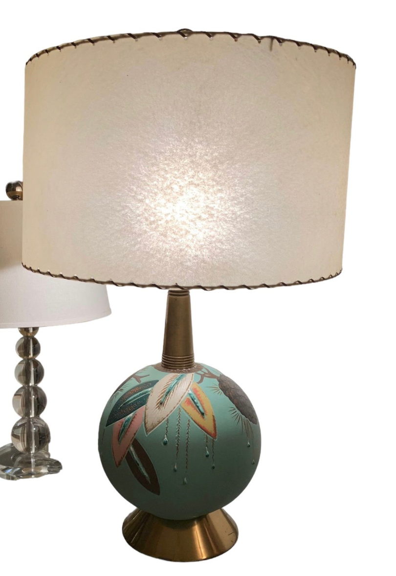 Lighting Vintage Atomic Ranch Hand painted Turquoise Glass Ball with Fiberglass Tooled Lamp Shade