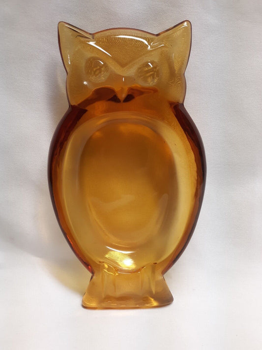 Decor Vintage Viking Owl Ashtray Amber Glass