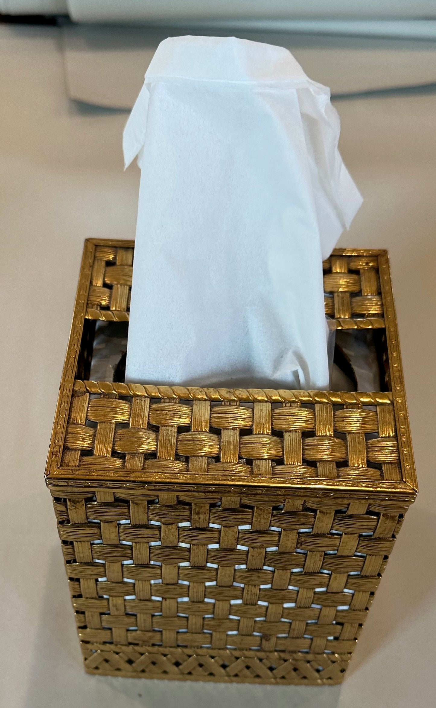 Decor Vintage Brass Kleenex Tissue Holder in Basketweave Pattern