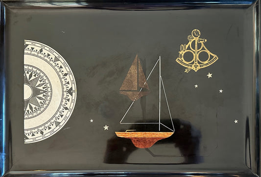 Home Decor Monterey Couroc Black Resin Serving Tray with Ships, Compass & Sextant