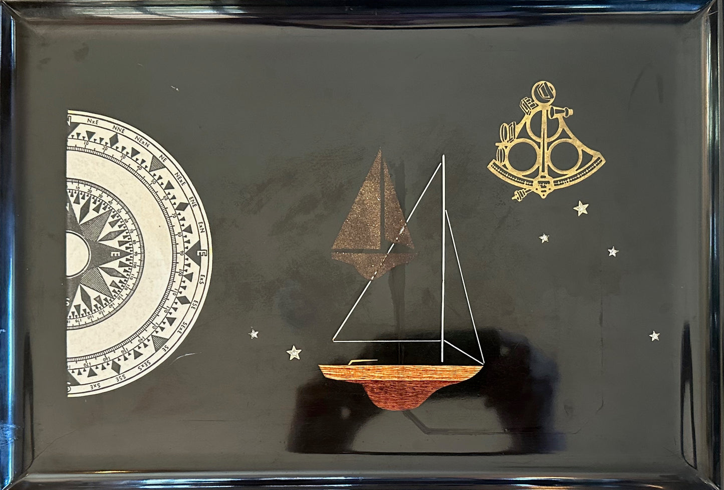 Table Top Decor Vintage Monterey Couroc Ship, Compass, & Sextant Black Resin Serving Tray