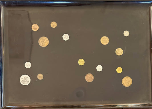 Monterey Couroc Black Resin Serving Tray with Inlaid Foreign Coins