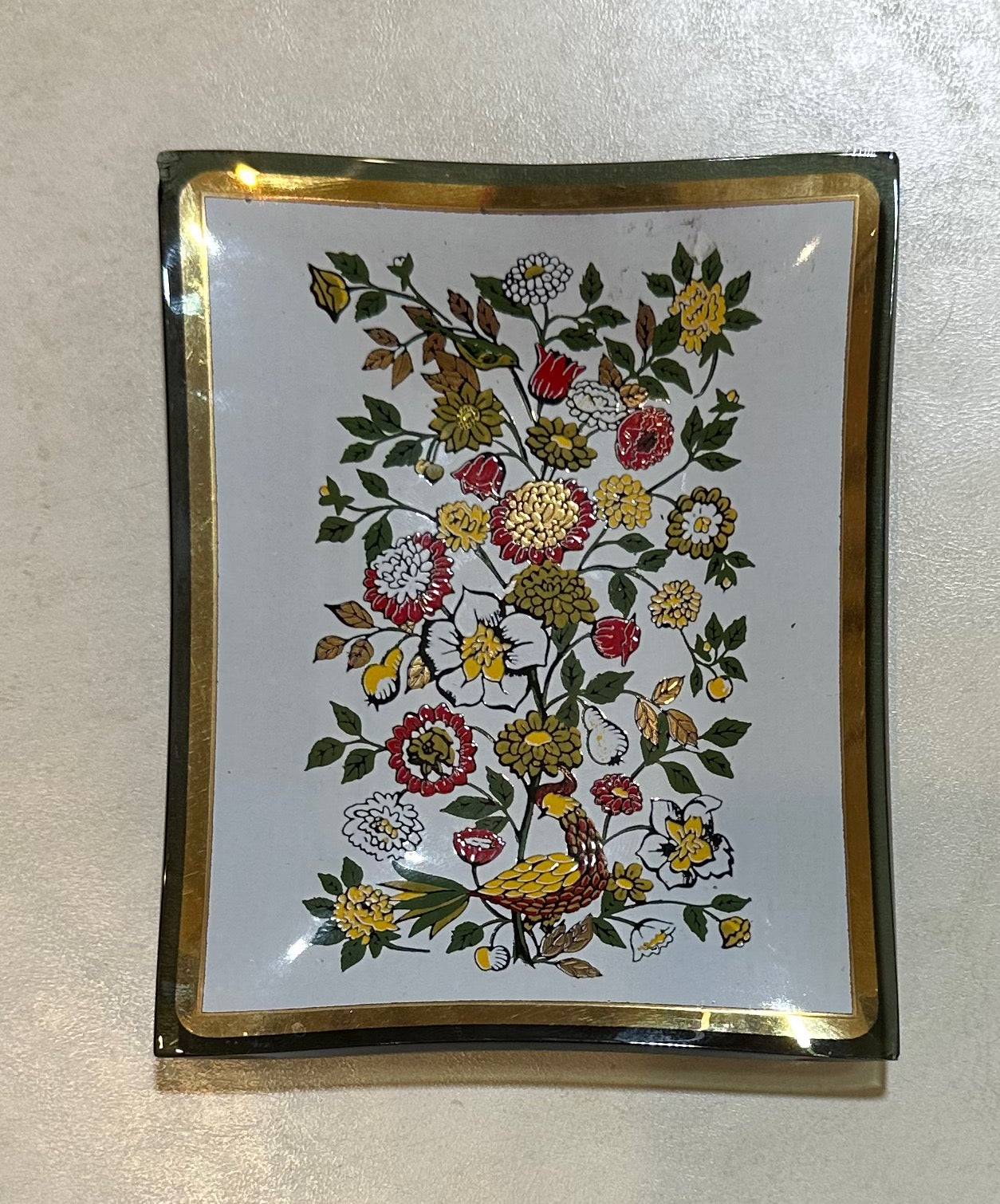 Decor Vintage Smoked Bent Glass Bird & Floral Design on White Background Trinket Dish