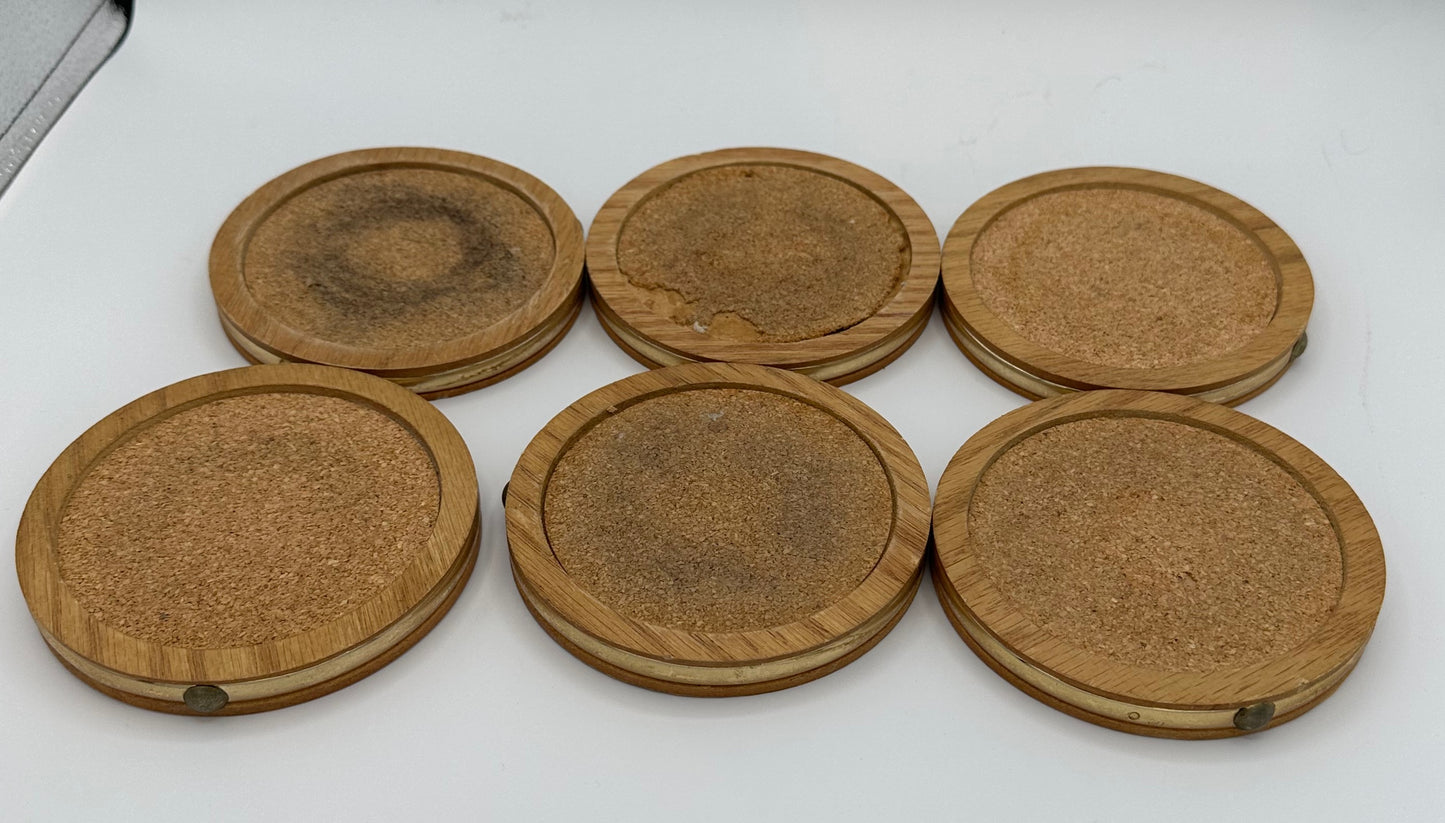 Table Top Wood & Bamboo Vintage Coasters with Brass Rims and Matching Holder