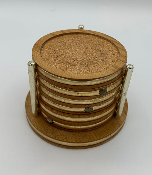 Wood & Bamboo Vintage Coasters with Brass Rims and Matching Holder