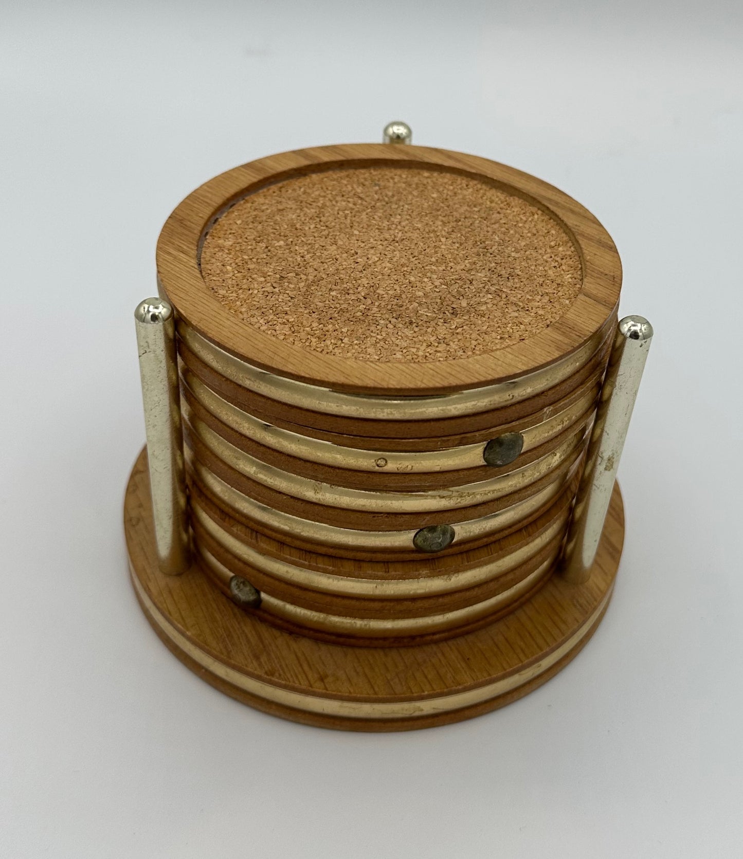 Table Top Wood & Bamboo Vintage Coasters with Brass Rims and Matching Holder