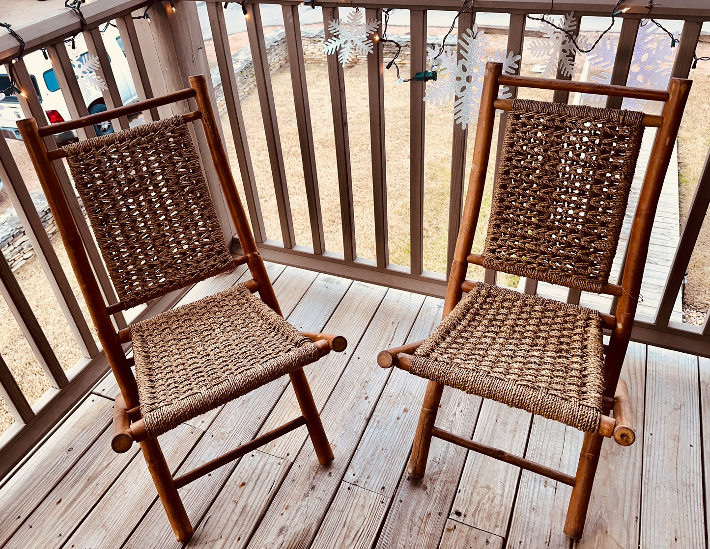 Furniture Vintage Bamboo Wood and Cord Woven Rope Seat Folding Chairs and Matching Table. 1960s