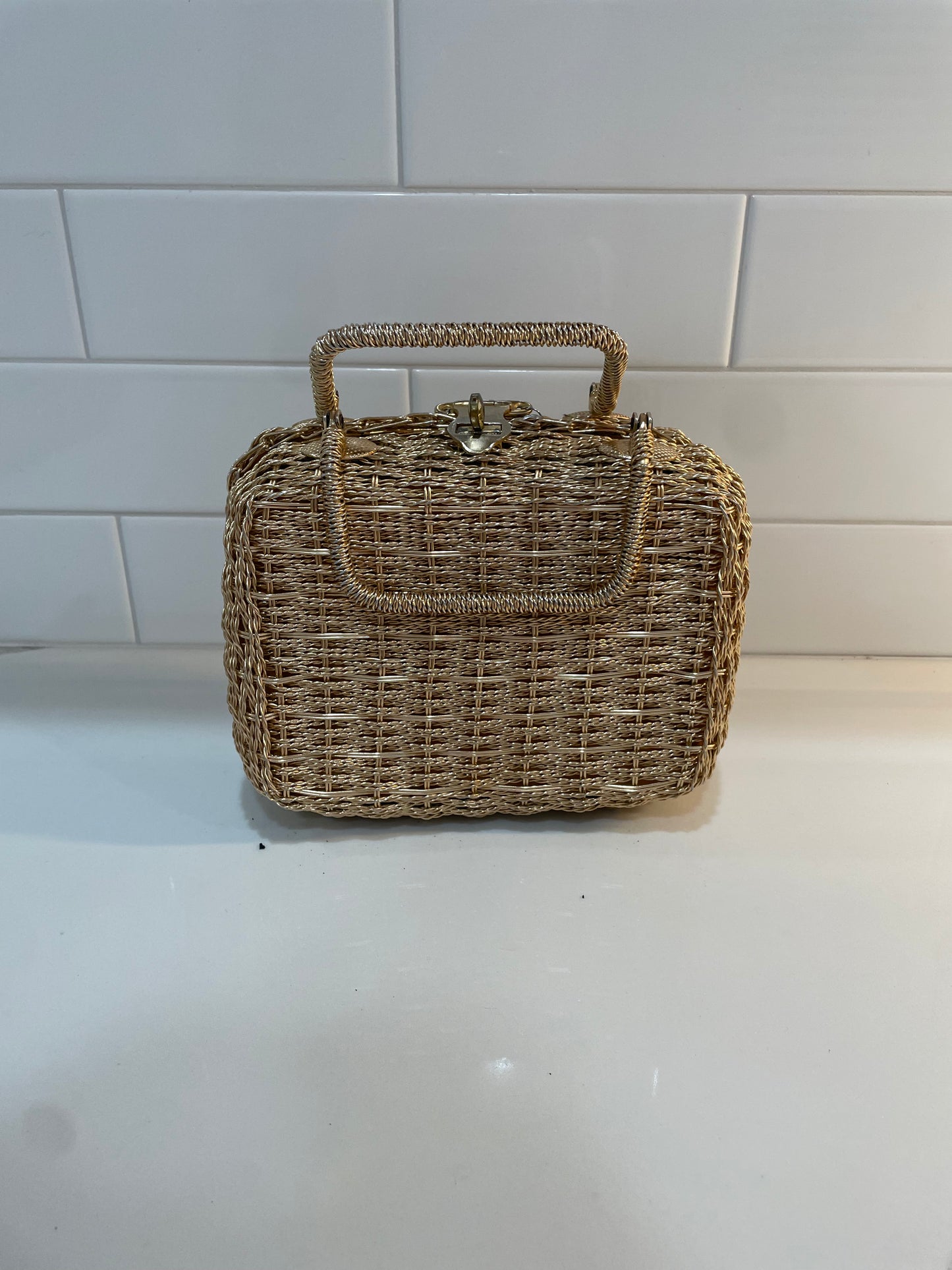 Vintage Handbag Gold Metal Wicker Vintage Tote Purse