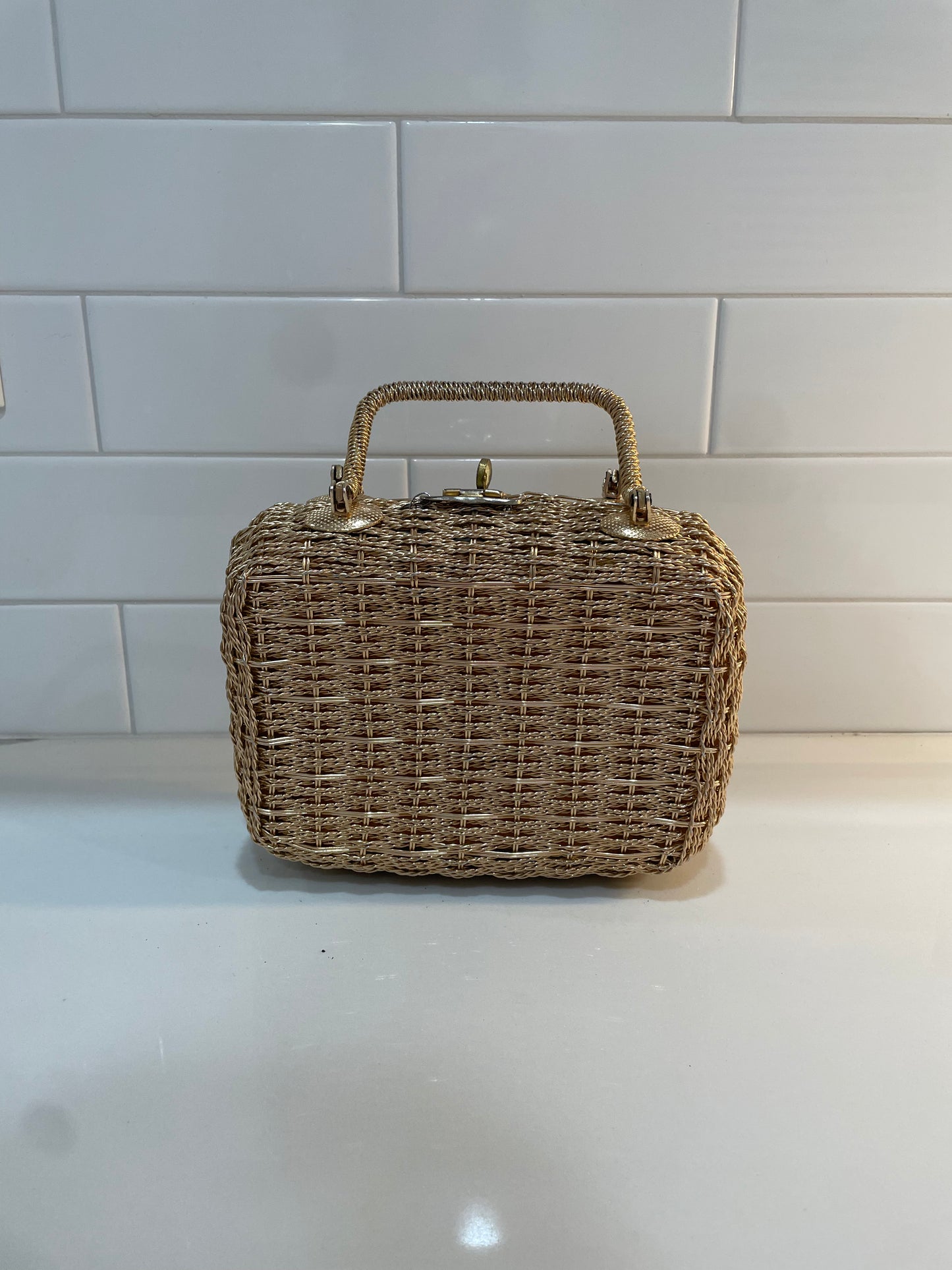 Vintage Handbag Gold Metal Wicker Vintage Tote Purse