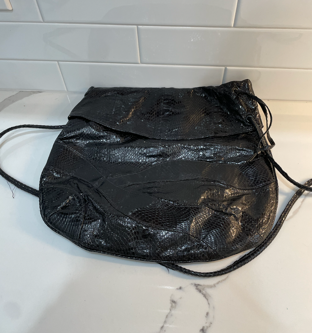 Gifting Vintage Hand Bag Black Snake Skin with Drawstring Bucket or Clutch Purse