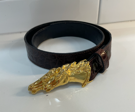 GIfting Vintage Brass Horse head Belt Buckle on Belt Strap
