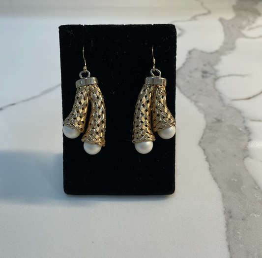 Vintage Basket Weave Wrapped Pearl and Gold Pierced Earrings